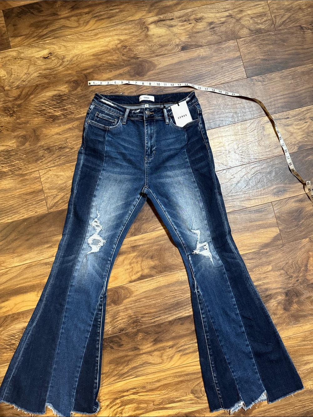 C Label Dark Indigo Two-Tone Distressed Flare Jeans